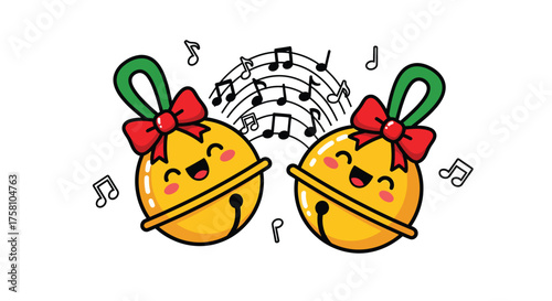 Smiling christmas bells ringing merrily with musical notes floating around them, creating a festive and joyful atmosphere.