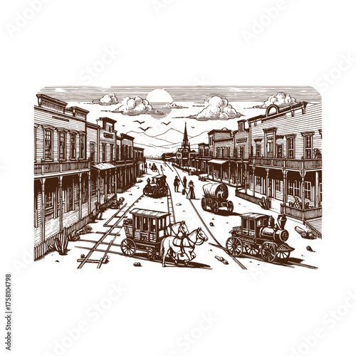 
Traceable Old Western Frontier Town Main Street Line Art