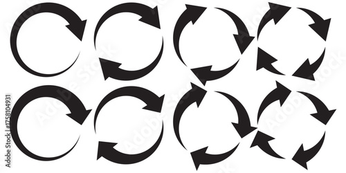 Vector set of circle arrows isolated on white background. Rotate arrow and spinning loading symbol. Circular rotation loading elements, redo process.