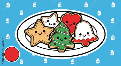 Cute christmas cookies sitting on a white plate against a light blue pattern create a festive and cheerful holiday scene.