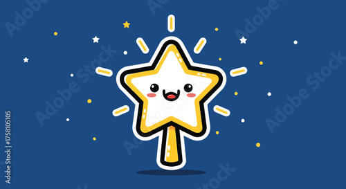 Cute star sparkles cheerfully against a dark blue night sky filled with tiny white and gold dots, radiating a sense of childlike wonder and magic.