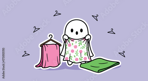 Cute ghost choosing between pink, floral, and green towels in a lavender room, showcasing indecision and playful domesticity.