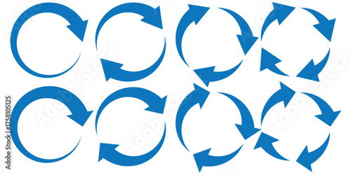 Vector set of circle arrows isolated on white background. Rotate arrow and spinning loading symbol. Circular rotation loading elements, redo process.