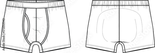 Men boxer briefs flat sketch, underwear technical drawing, elastic waistband design, contoured pouch detail, back seam construction, apparel template, fashion clothing vector illustration