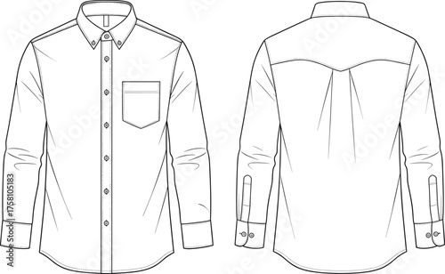 Long sleeve button up shirt technical flat sketch, front and back view, collar cuffs pocket placket yoke pleat apparel design illustration
