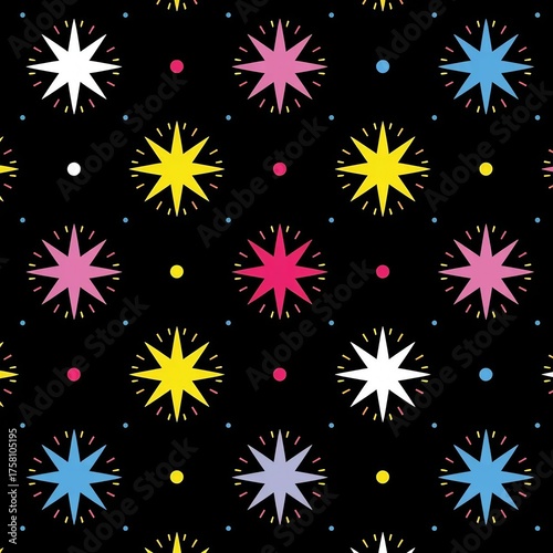 Vibrant starbursts in a repeating pattern across a dark canvas