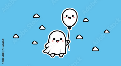 Cute ghost floating in the blue sky holding a balloon surrounded by fluffy clouds, creating a whimsical and cheerful atmosphere.