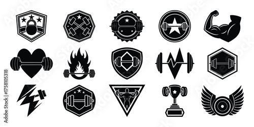 Collection of black and white emblematic icons featuring shields wings and athletic symbols