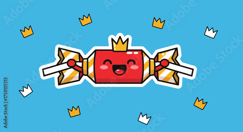 Happy candy character wearing a crown floats playfully against a blue backdrop surrounded by smaller crowns, creating a whimsical and celebratory mood.