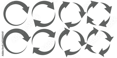 Vector set of circle arrows isolated on white background. Rotate arrow and spinning loading symbol. Circular rotation loading elements, redo process.