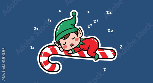 Sleeping christmas elf rests peacefully on a candy cane after a long night of toy making, surrounded by zzz's in a festive and whimsical scene.