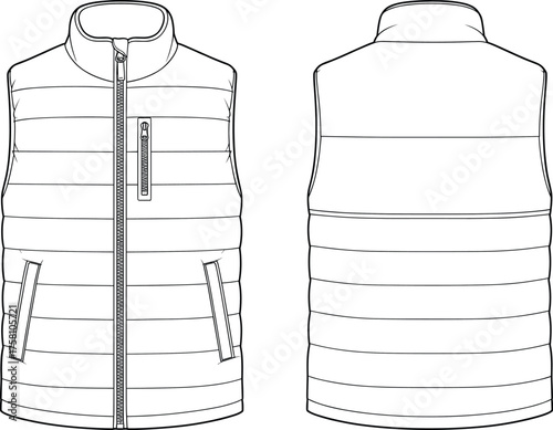 Puffer vest flat sketch, sleeveless quilted jacket design, fashion technical drawing, high collar zipper closure, chest pocket detail, apparel template, clothing vector illustration