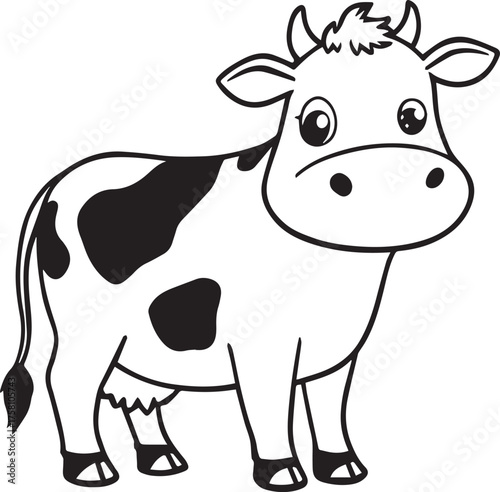 Black and white cartoon cow illustration with friendly smile, black spots, and udder in playful farm line art