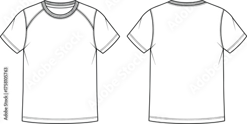 Short sleeve raglan t shirt technical flat sketch, front and back view, crew neck ribbed collar yoke seam apparel fashion design illustration