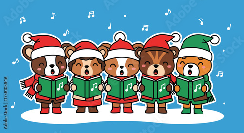 Cute bears sing christmas carols in the snow wearing santa hats and scarves, spreading holiday cheer and festive spirit.