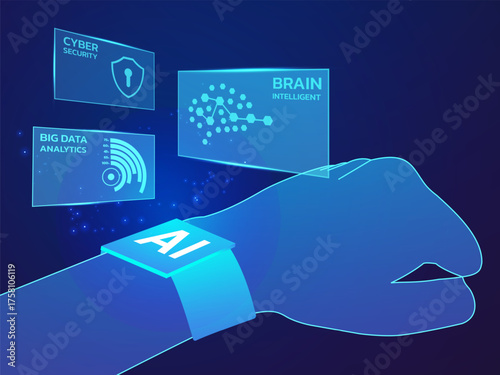 Artificial intelligence with hologram Perspective Data Visualization Dashboard from hand wearing Ai Watch light effect on dark blue background vector design concept. AI technology for advance tech.