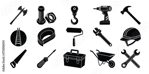 Collection of black and white silhouettes of construction and diy tools