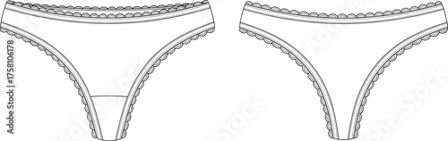 Women bikini underwear flat sketch, scalloped lace trim design, fashion technical drawing, intimate apparel template, clothing vector illustration, lingerie garment construction detail