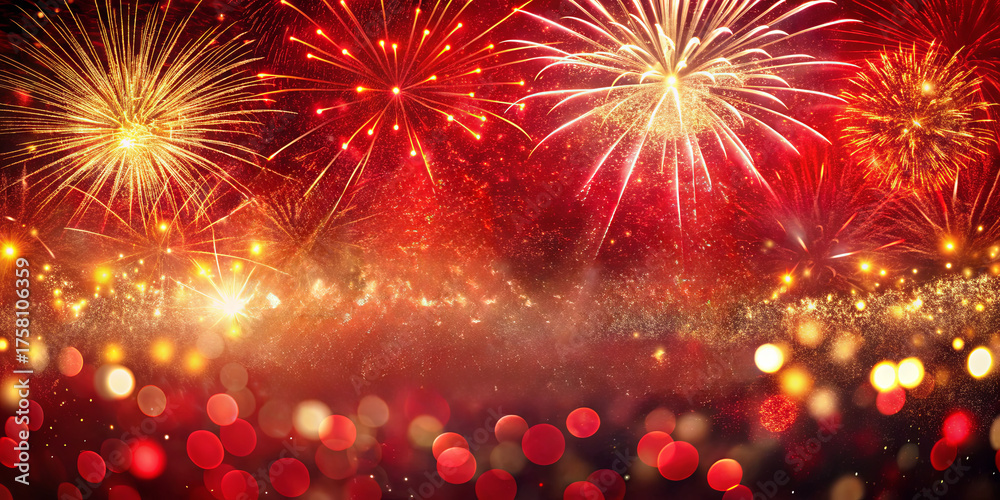 Obraz premium Bright fireworks burst in vibrant colors against a dark sky, celebrating New Year's Eve with excitement and joy. People gather to watch the spectacular display