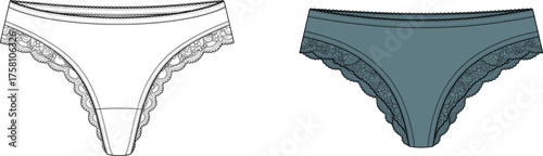 Women lace bikini underwear, lingerie flat sketch, fashion technical drawing, lace trim detail, intimate apparel template, clothing vector illustration, garment construction design