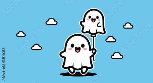 Cute ghost floats with balloon ghost in a bright blue sky with fluffy clouds, creating a whimsical and cheerful scene.