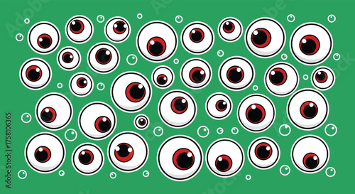 Collection of cartoon eyes staring intensely on green backdrop creates a spooky and playful atmosphere, perfect for halloween or themed projects.