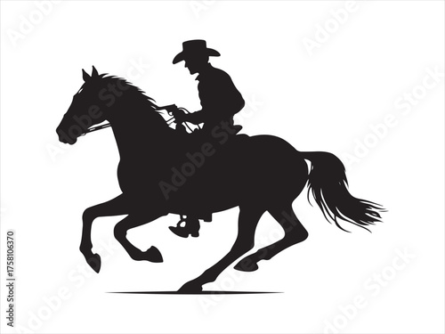 Cowboy riding galloping horse black silhouette . Dynamic action on white background. Cowboy wearing hat rides horse at sunset. Strong silhouette of man horse. Western lifestyle design 