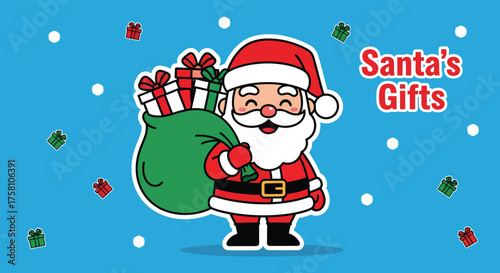 Santa claus carrying a sack full of presents on a blue snowy backdrop, spreading christmas cheer and holiday spirit.