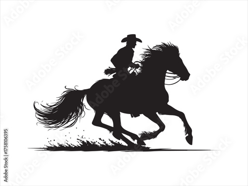 Cowboy riding galloping horse black silhouette . Dynamic action on white background. Cowboy wearing hat rides horse at sunset. Strong silhouette of man horse. Western lifestyle design 