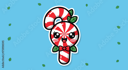 Cute candy cane character smiles sweetly with a red bow tie on a light blue background with green leaves, creating a festive and cheerful mood.