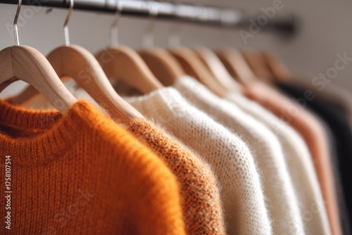 A Cozy Row of Warm-Toned Knit Sweaters on Wooden Hangers in Soft Focus.