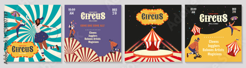 A collection of bright vintage circus posters,banners in a flat style. Vector illustrations with artists, a tent, fireworks, and retro design. Perfect for announcing shows and celebrations.