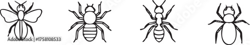 Collection of hand drawn insect icons including bee ant and spider.