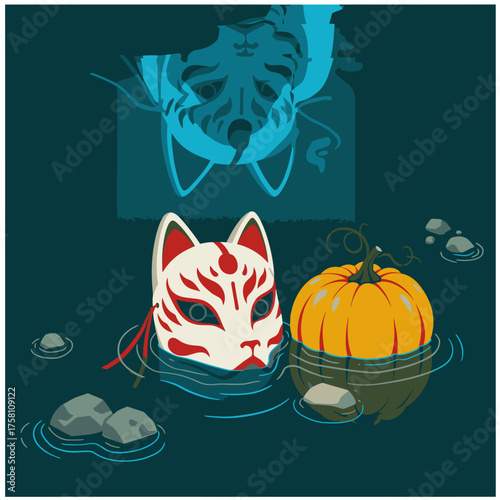 A traditional Japanese Kitsune fox mask and a vibrant autumn pumpkin float serenely in dark water, reflecting a melancholic spirit above.