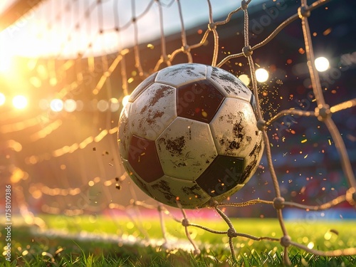 soccer ball on grassSoccer ball scoring goal in net at sunset stadium, dynamic sports moment
