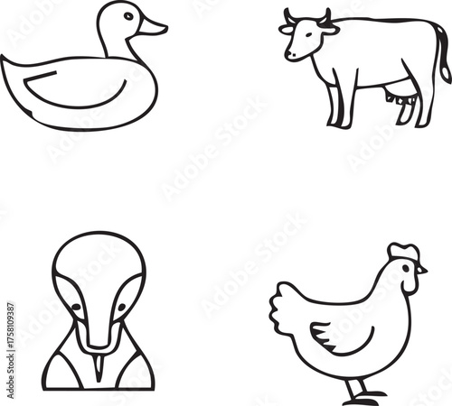 Farm Animals Illustration Duck Cow Snake and Chicken Line Art.