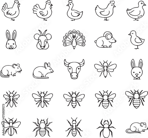 Hand Drawn Doodle Animal and Insect Icon Set Collection.