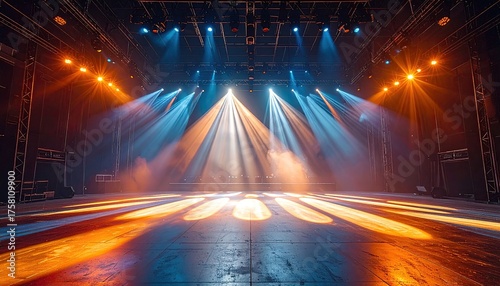 Stage Lighting Spectacle With Dramatic Orange and Blue Beams Illuminating the Empty Concert Venue Floor