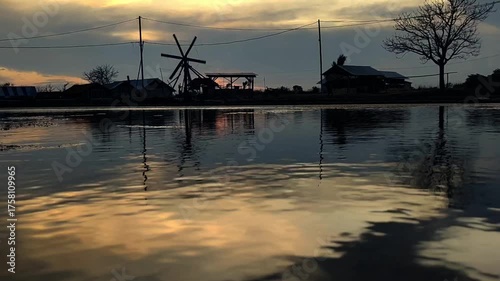 landscape, water, turbine on sunset