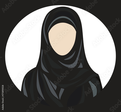 Simple abstract image of a woman wearing a black hijab and abaya - a symbolic artwork of cultural identity for educational posters and modern editorial design