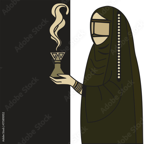 An Arab woman wearing a burqa holding an incense burner with smoke rising from it - a traditional art for greeting cards, festival promotion, and community events