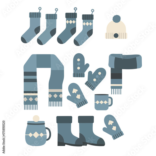 Winter clothes and accessories vector illustration in cozy blue tones