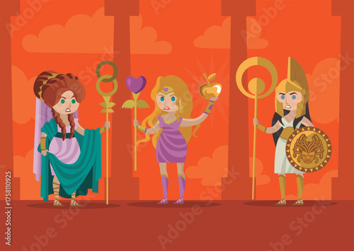 athena, aphrodite and hera discussing the golden apple