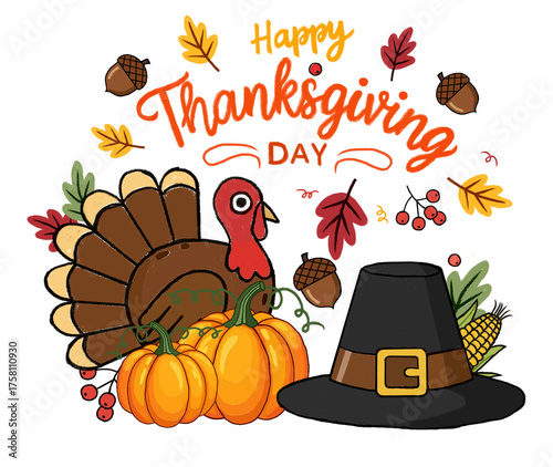 Illustration of hand drawn happy thanksgiving day with turkey isolated on transparent background