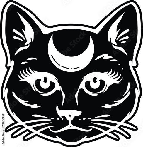 Cat face drawing black and white crescent moon vector
