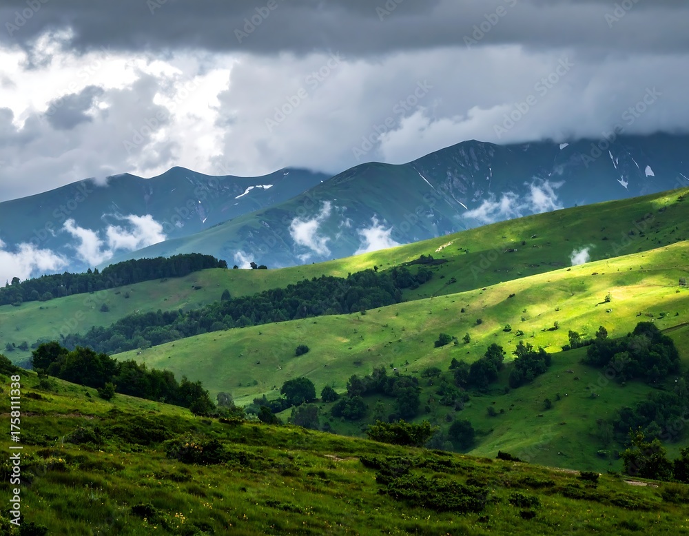 Fototapeta premium Rolling green hills meet mountain range under stormy sky