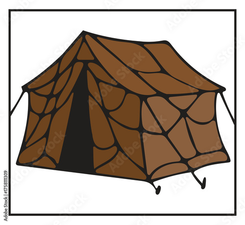 Hand-drawn brown patchwork tent illustration with textured shades and open entrance — perfect for educational camping-themed classroom materials and decorative outdoor adventure posters