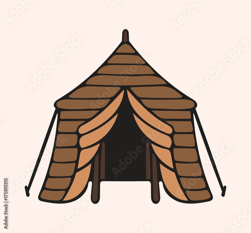 Simplified Tent Illustration with Open Flaps and Rope Anchors – Great for Kids’ Camping Worksheets and Desert-Themed UI Icons