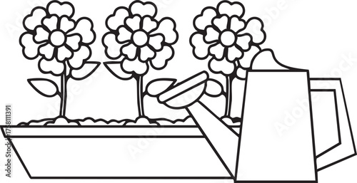 Black and pink floral vector illustration pattern with a cartoon man sitting on a bench near a plant in a pot drawing