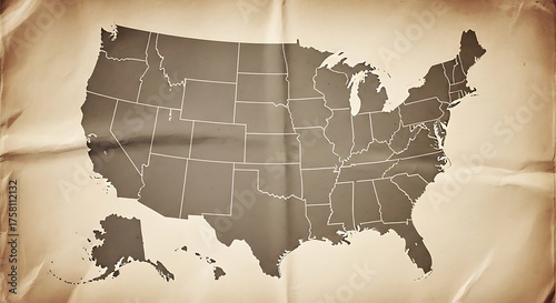 Vintage USA Map on Crumpled Paper, United States Geography